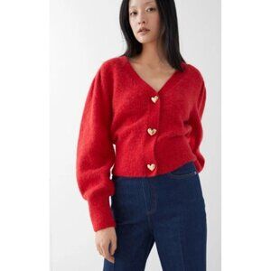& Other Stories Red Cardigan with Heart Buttons
